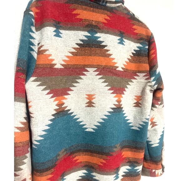 Southwest Aztec Barn Chore Blanket Jacket Women Sz L Western Red Teal Fall Boho - Picture 7 of 9